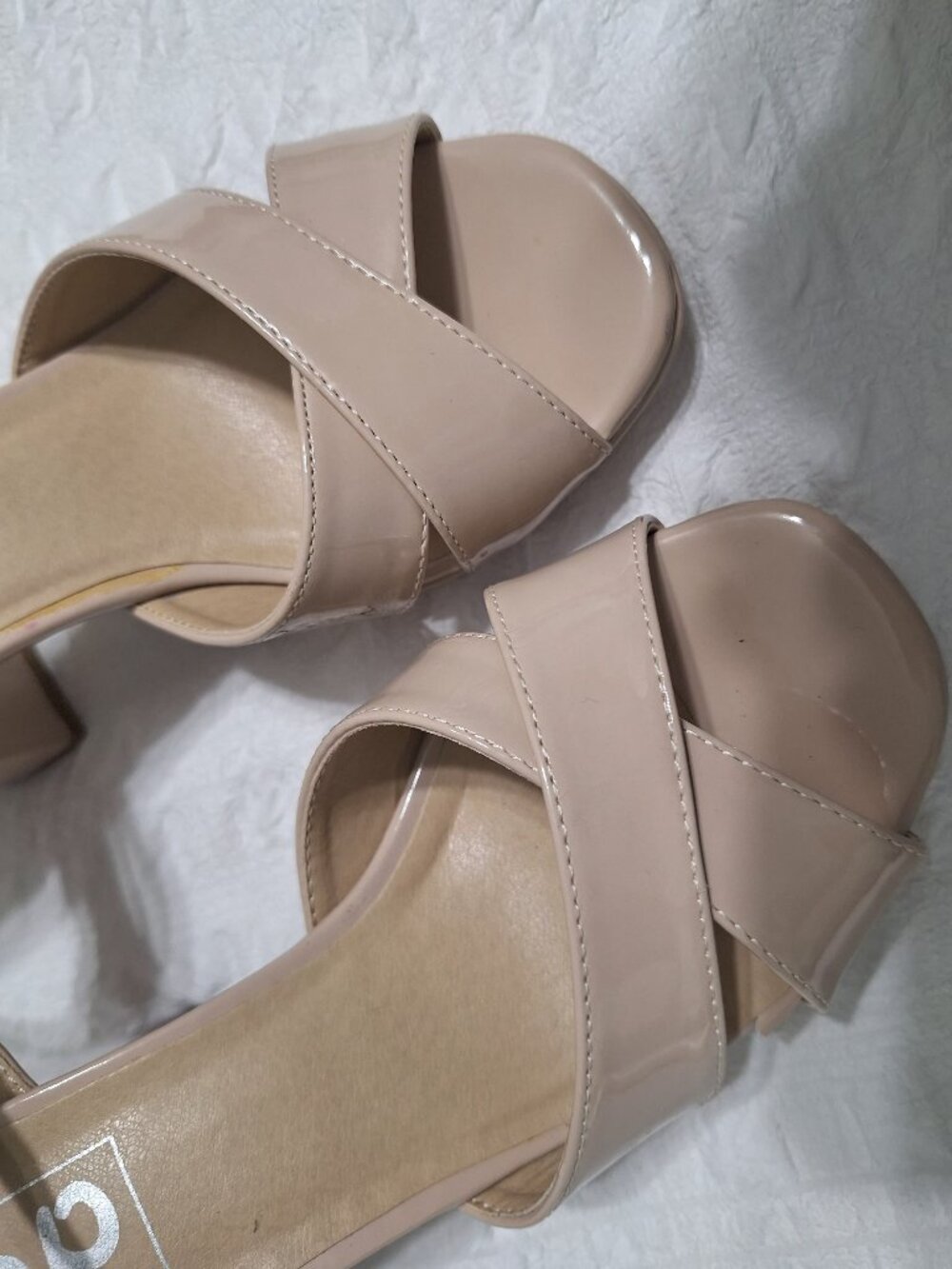 Chic Nude Patent Leather Block Heel Sandals | Ankle Strap | Open Toe